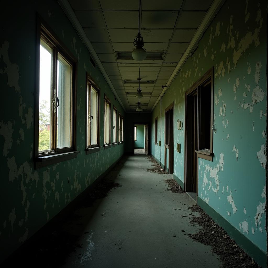 A dimly lit, abandoned corridor inside the Gazes Cardiac Research Institute, showcasing peeling paint, broken windows, and an overall sense of decay and unease.