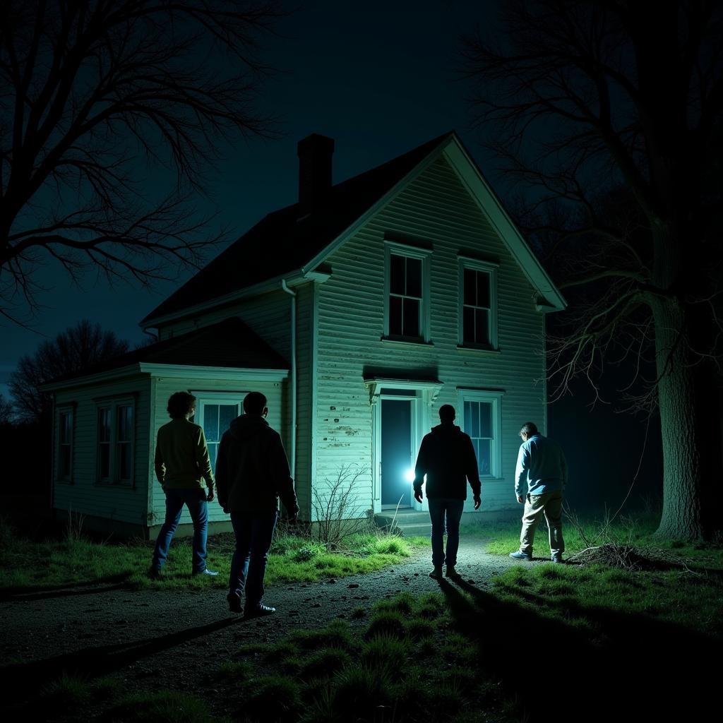 A team of paranormal researchers investigating a dilapidated farmhouse.