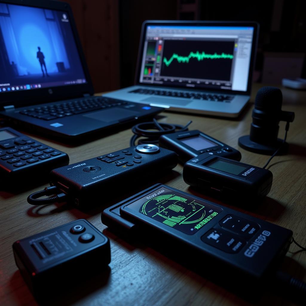 Various paranormal research equipment being used in a field investigation.