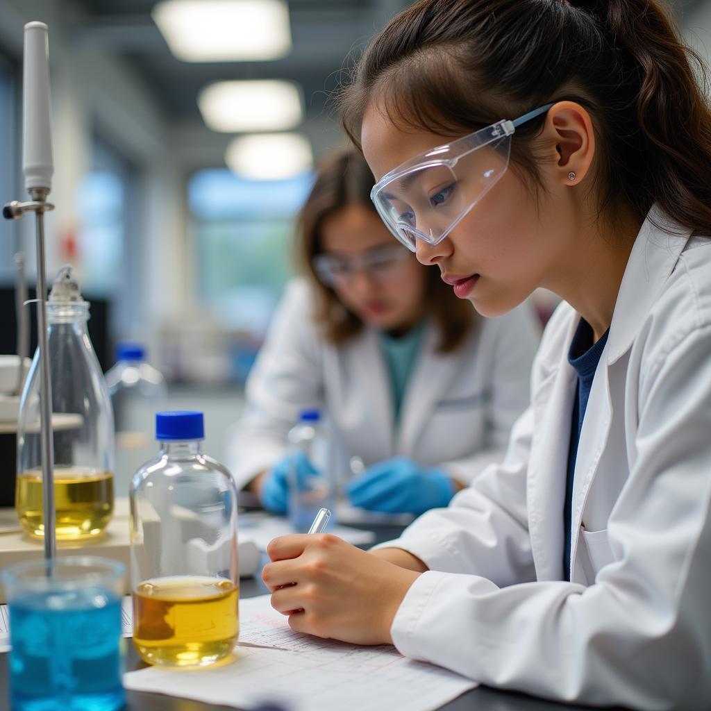 High school student conducting research in a laboratory setting, wearing a lab coat and safety glasses, working with scientific equipment.