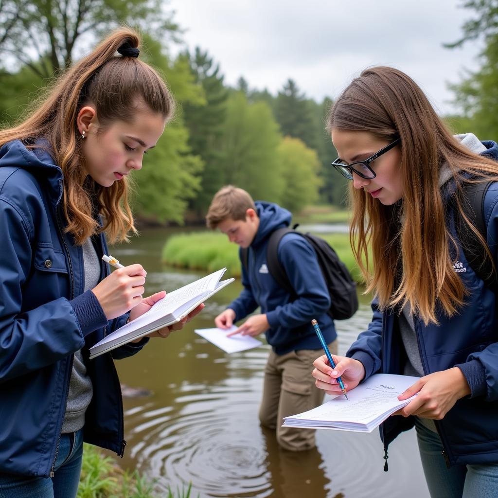 High school students conducting environmental research outdoors