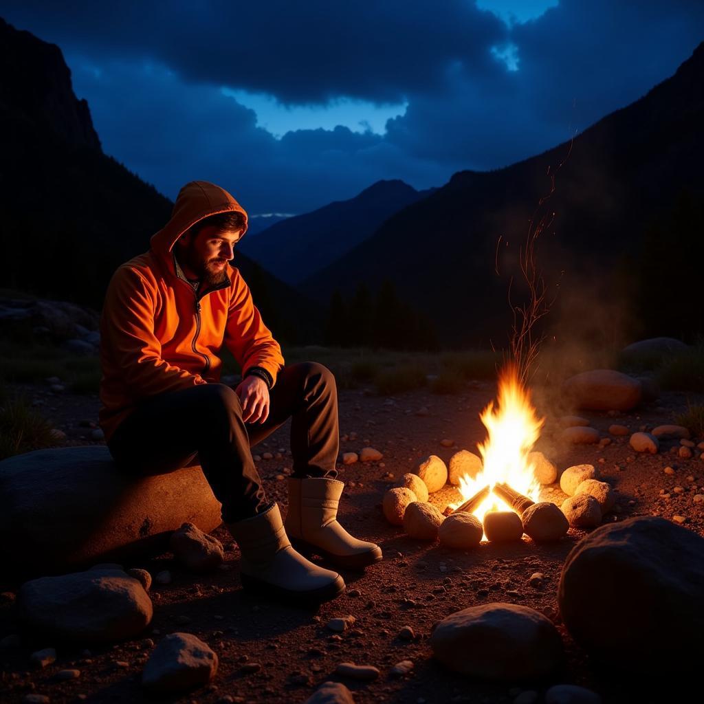 Hiker Wearing Outdoor Research Aerogel Booties by a Campfire