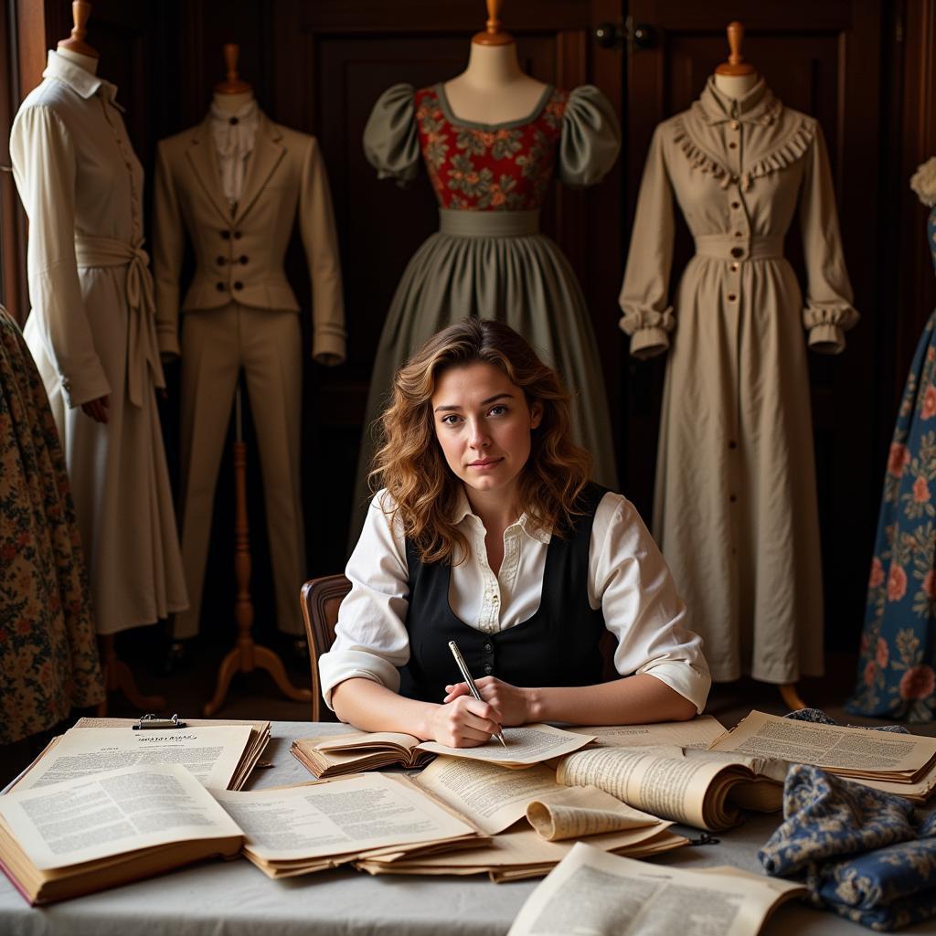 Historical Film Costume Research: A costume designer examining historical garments for a film.