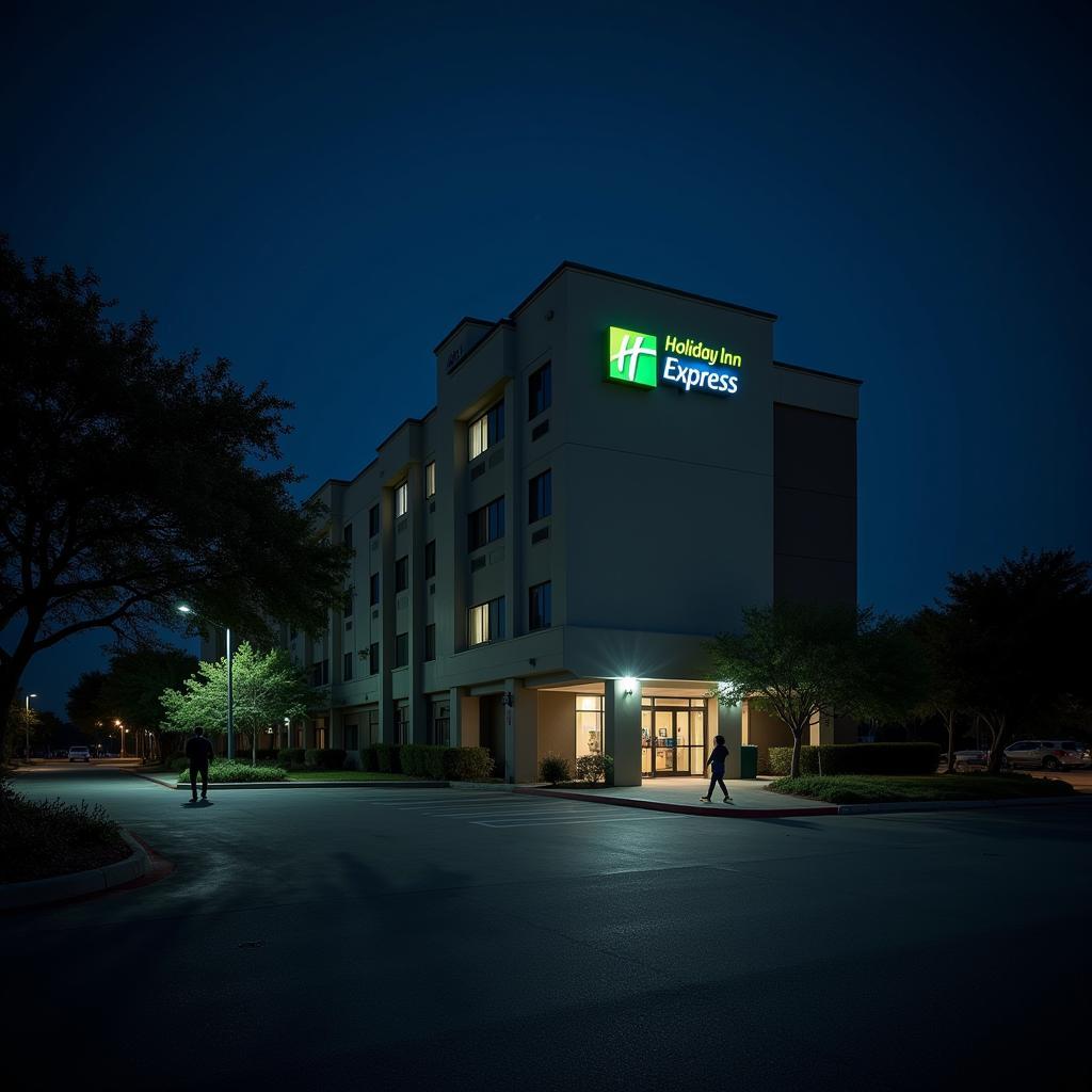 Night view of the Holiday Inn Express Research Blvd Austin showing a dimly lit facade and a quiet atmosphere