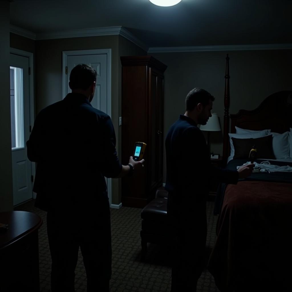 Paranormal investigators examining a hotel room