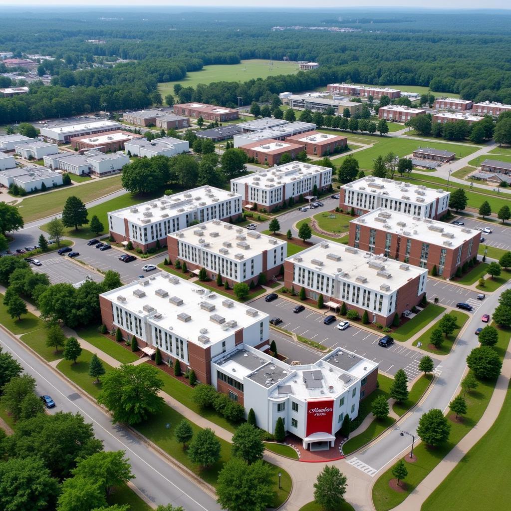 Aerial view of Huntsville Research Park with highlighted Hampton Inn location