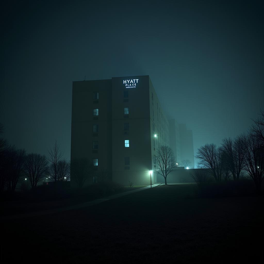 Hyatt Place Charlotte at night, with a slight fog and an eerie glow emanating from the windows.