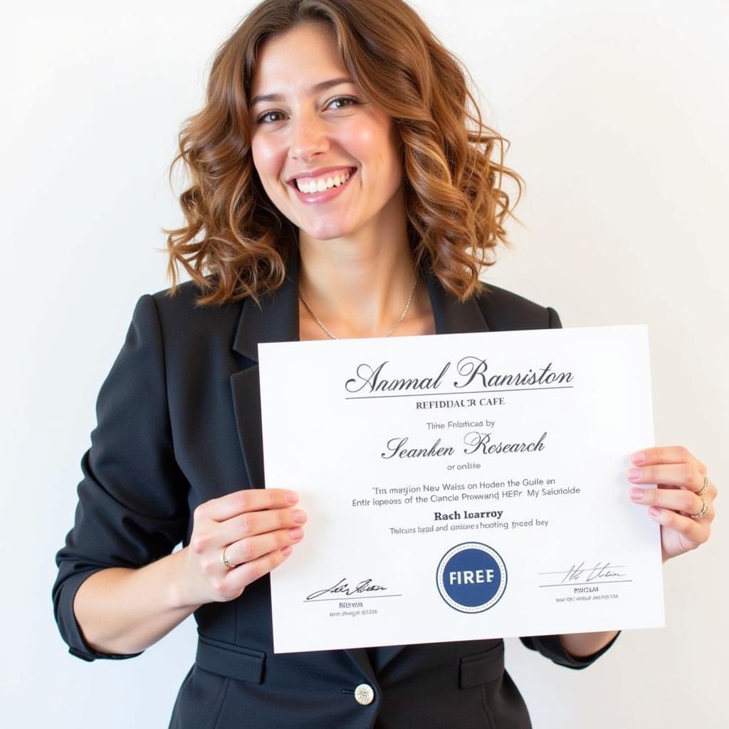 Person holding a certificate for completing a free online research course, celebrating a job offer.