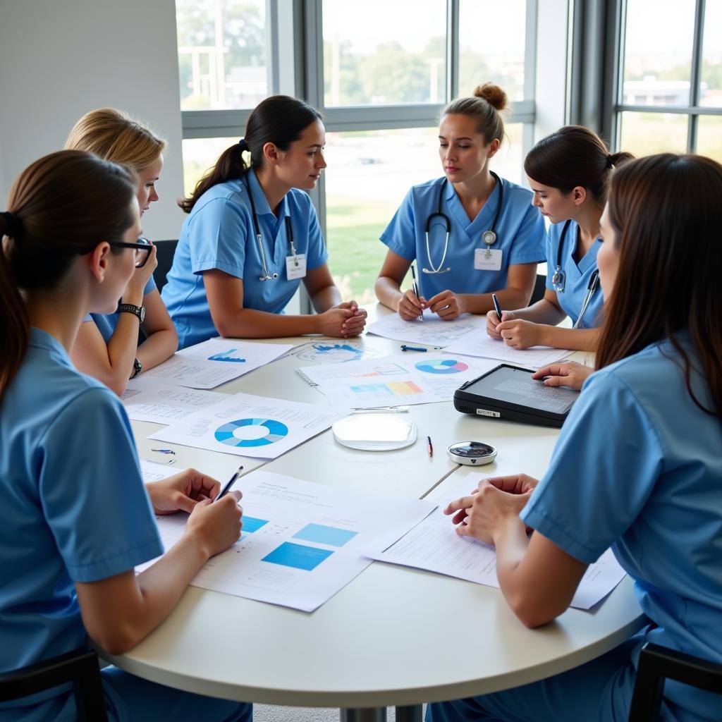 Implementing EBP in Nursing:  A group of nurses gathered around a table, discussing a research article and brainstorming strategies for integrating the findings into their practice.