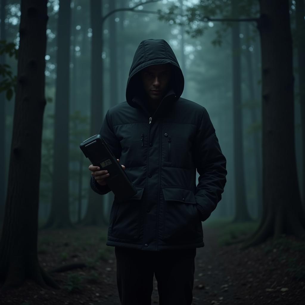 Paranormal investigator wearing an outdoor research puffer jacket in a dark forest at night