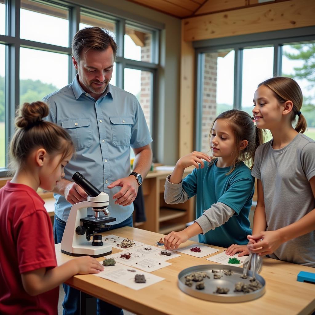 Visitors engaging in educational activities and exploring exhibits at the Jacques Cousteau Reserve visitor center.