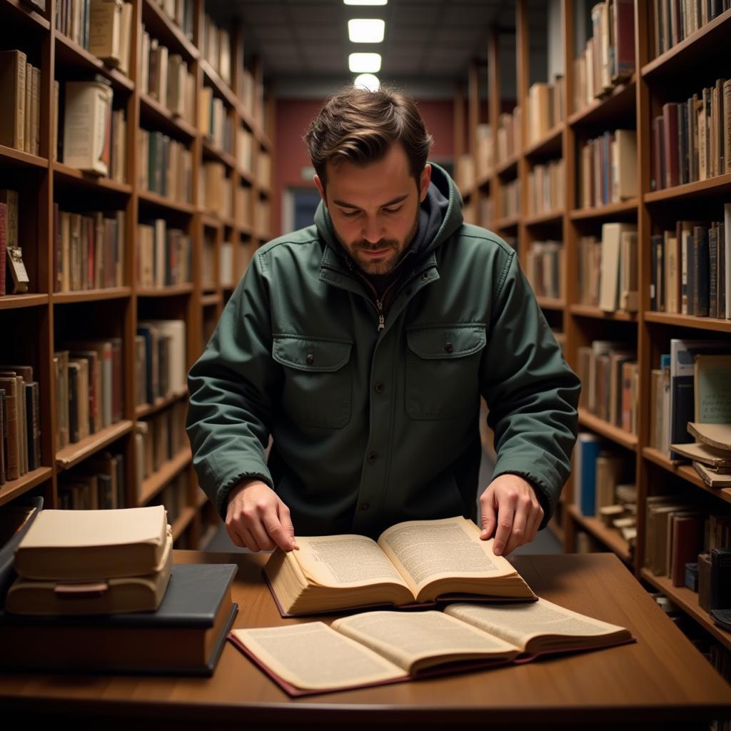 Interior view of the James Ford Bell Research Center showcasing a researcher examining a rare book from the collection.