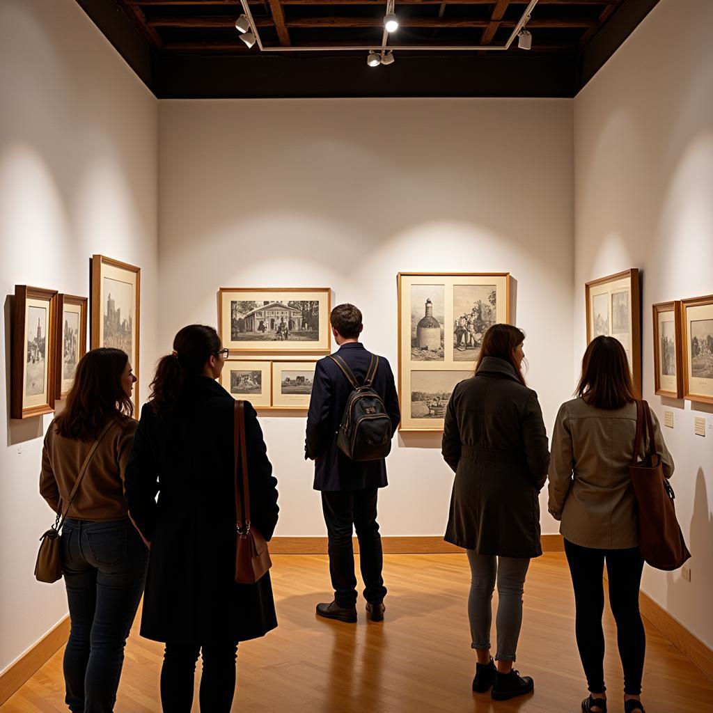 Image depicting visitors engaging with an exhibition at the James Ford Bell Research Center showcasing historical culinary artifacts and information.