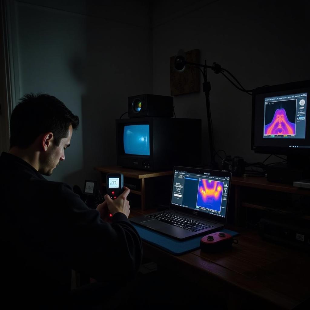 Sebastian Joyce setting up equipment for a paranormal investigation, highlighting his meticulous research methodology.