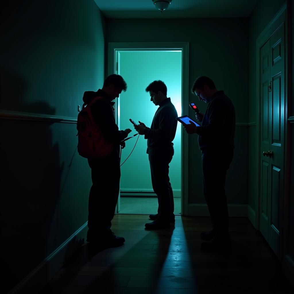 Paranormal Investigation Scene depicting a darkened room with investigators using equipment