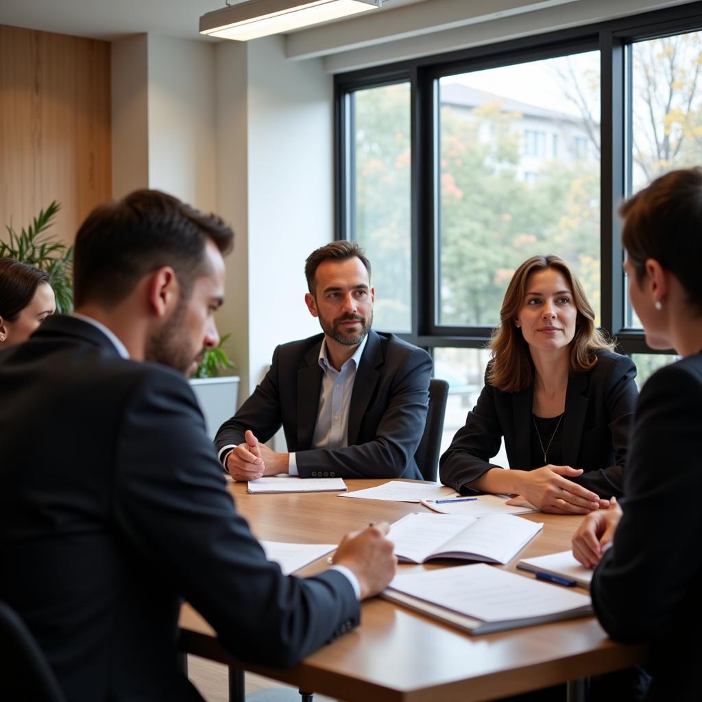 A legal team collaborates on a case, discussing research and legal strategies.