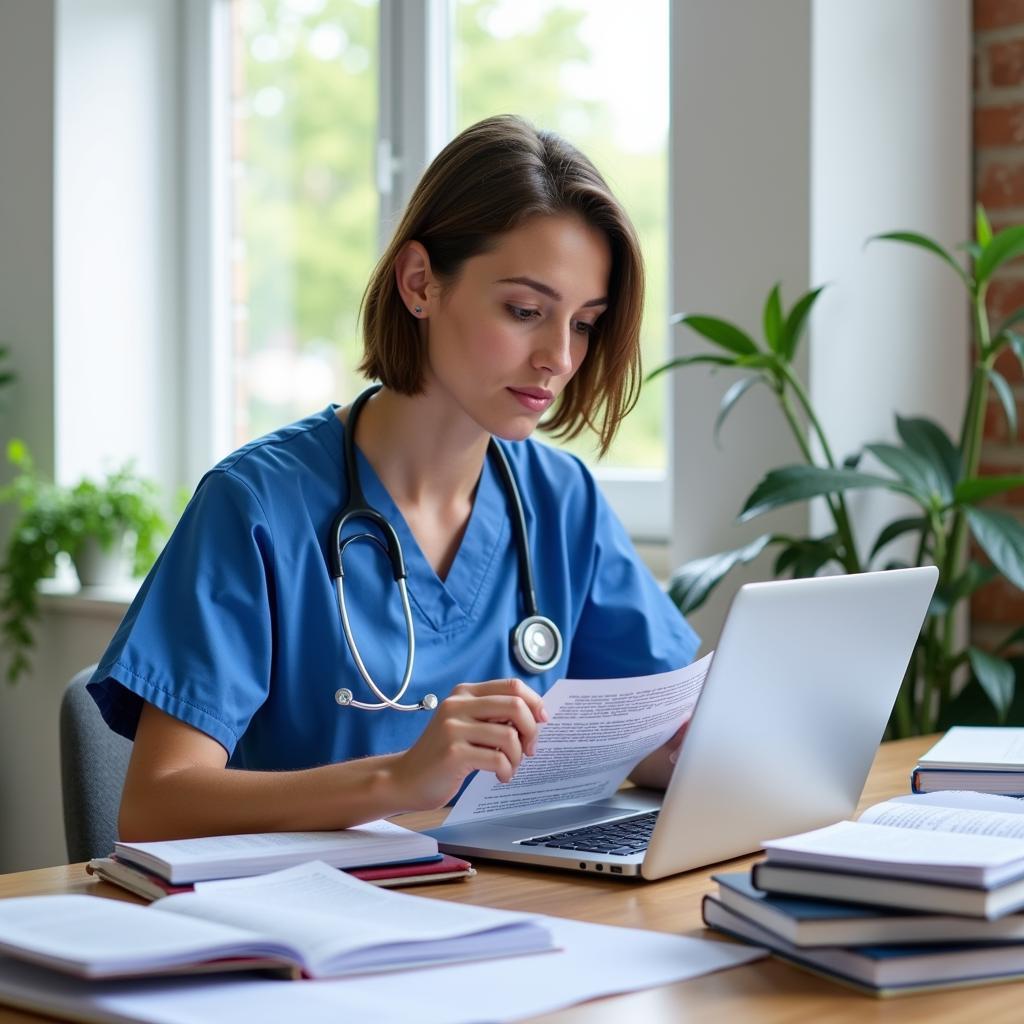 Nurse reviewing literature for nursing research process