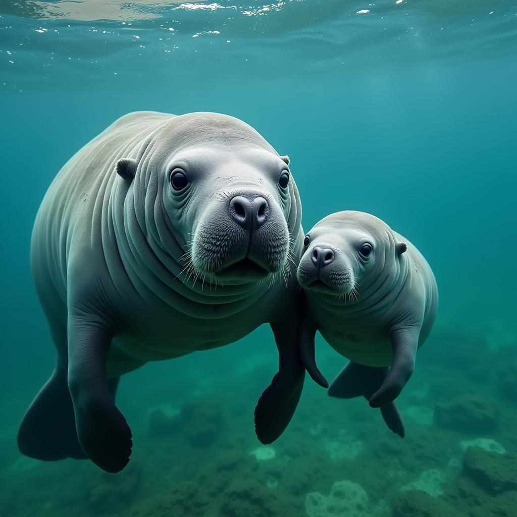 Manatee Calf Learning from its Mother