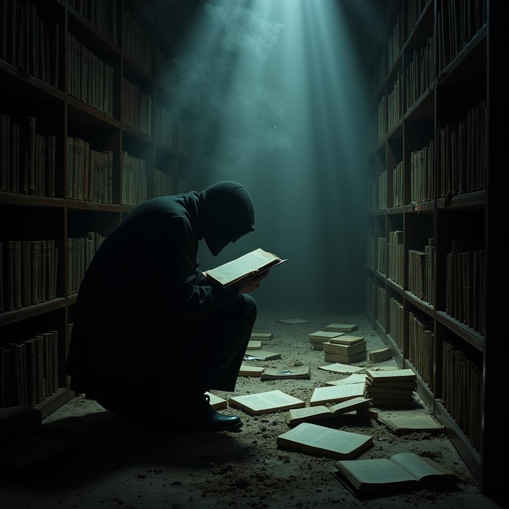 McLaughlin Research Corp's mysterious nature: an image depicting a shadowy figure examining ancient texts in a dimly lit library, symbolizing the elusive and secretive nature of the organization.