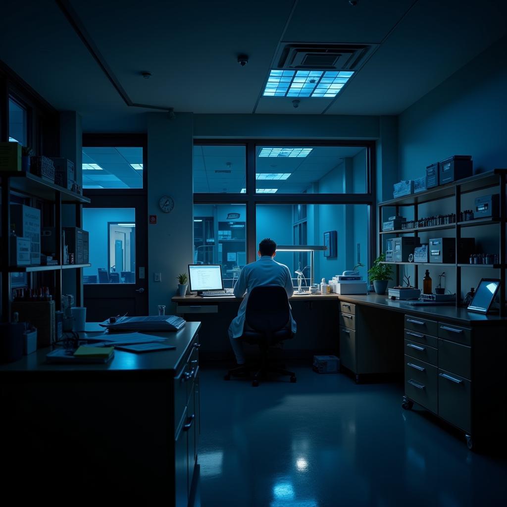 Medical Researcher Working Late at Night