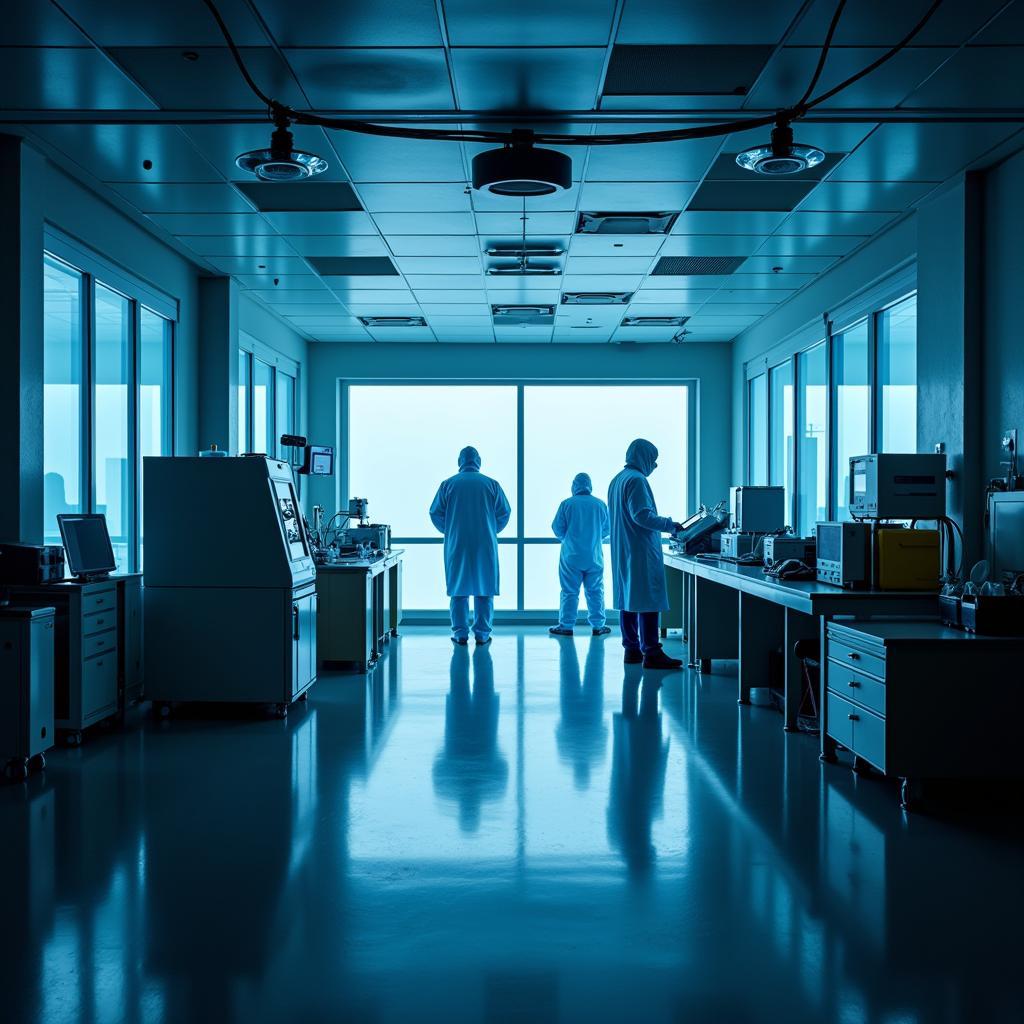 A state-of-the-art laboratory within Medstar Research Institute, featuring advanced equipment and researchers in protective gear.