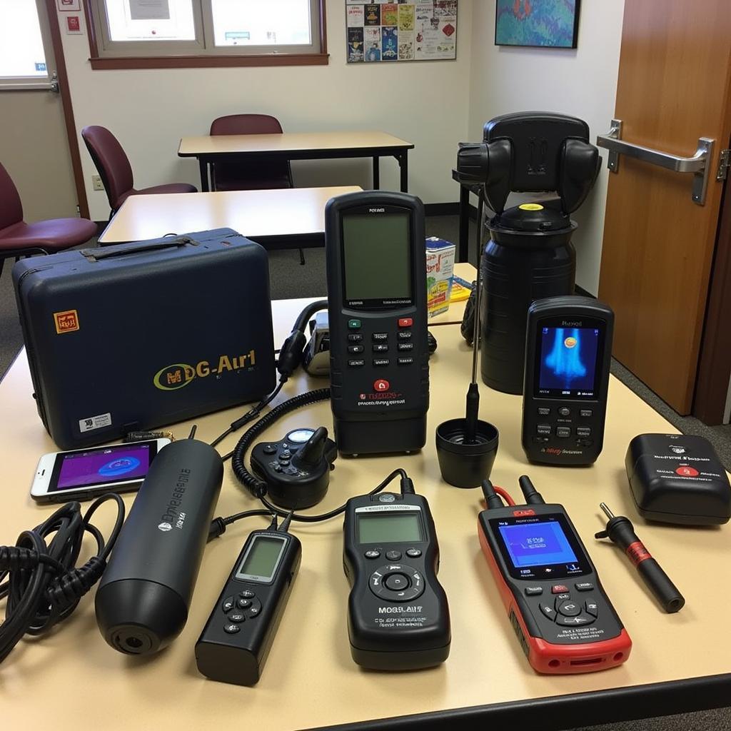 Paranormal investigation equipment, including EMF meters, thermal cameras, and audio recorders, laid out on a table.