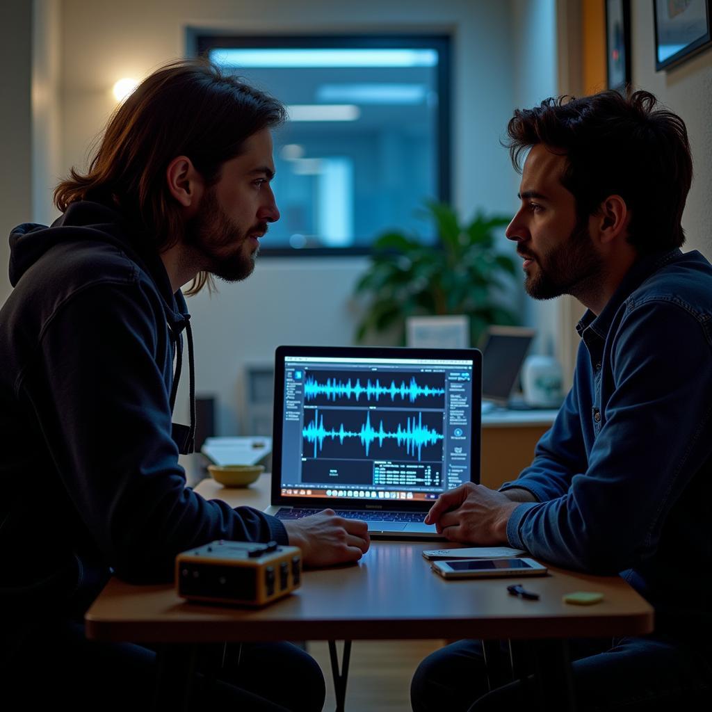 Paranormal researchers reviewing audio recordings and EMF readings on a laptop, searching for evidence of paranormal activity.