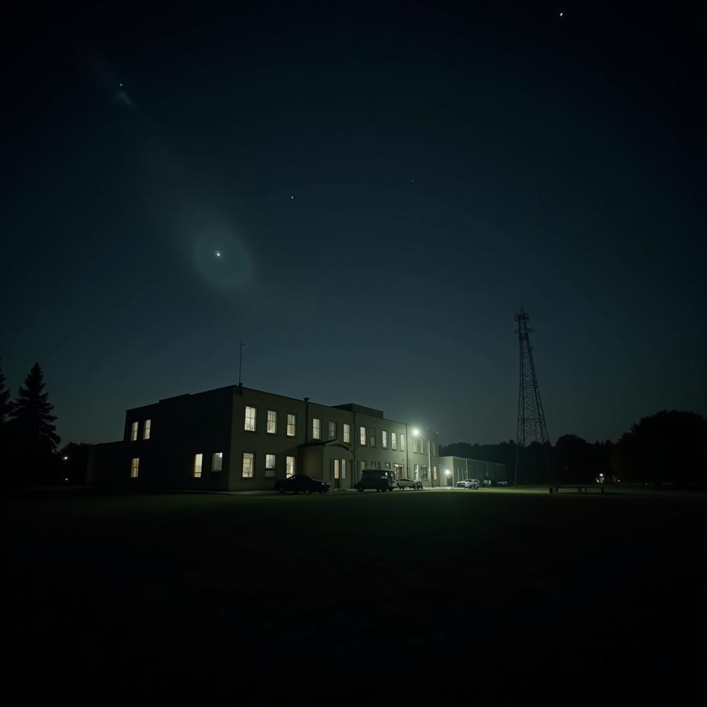 Night sky above a research facility with a faint glow.