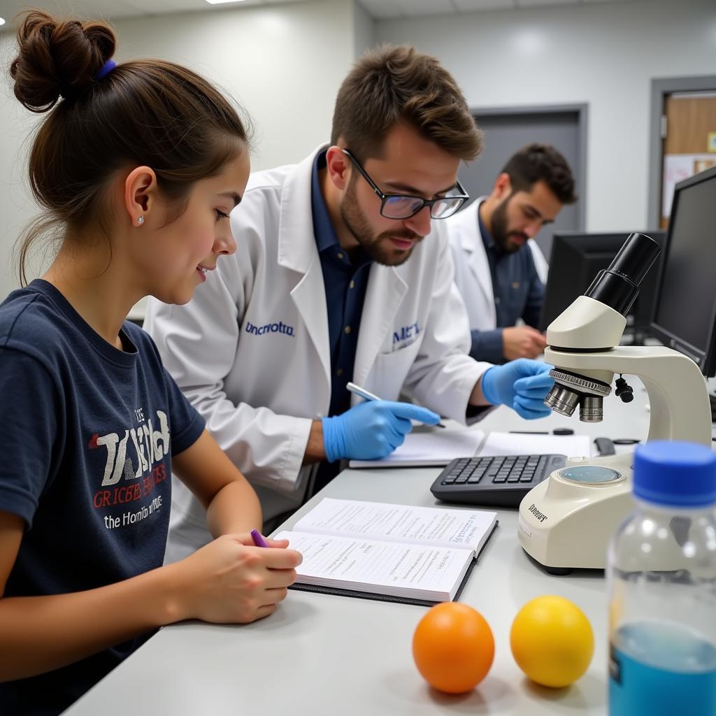 A student shadowing a researcher in a lab, observing procedures and equipment.