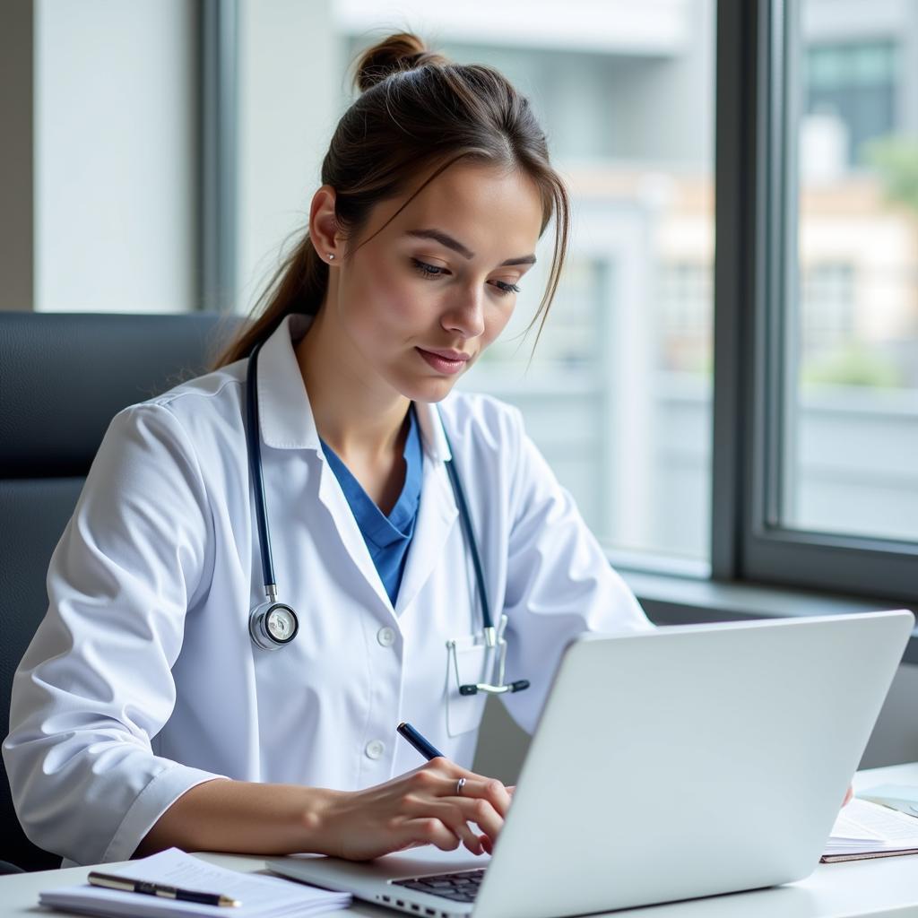 Nurse Conducting Research on a Laptop