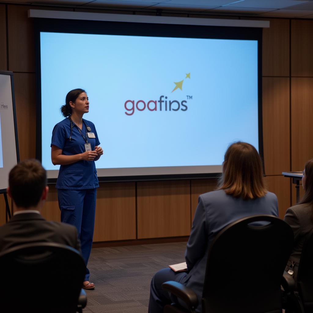 A nurse presenting research findings at a conference, symbolizing the elevated voice of nurses in healthcare.