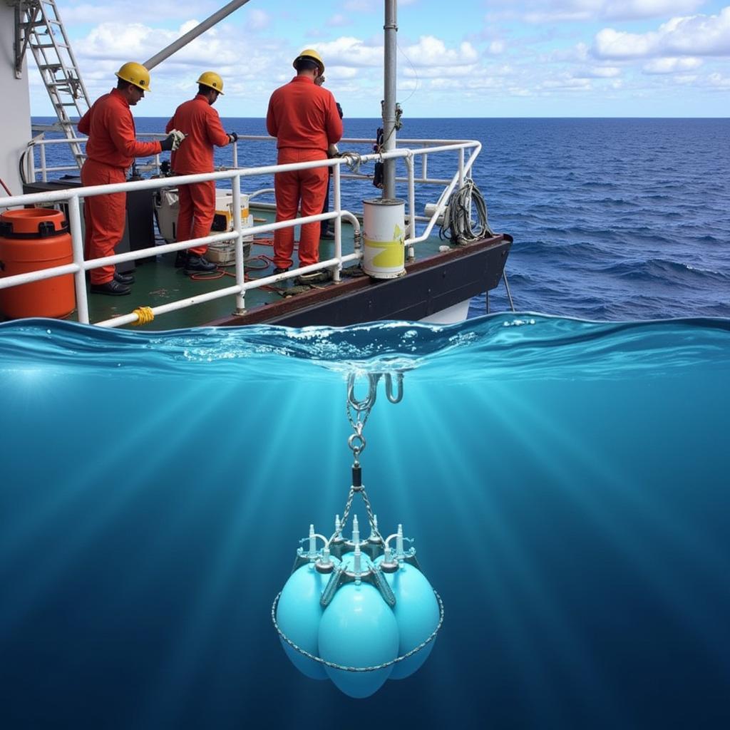 Oceanographic Research Vessel Equipment: A CTD Rosette being deployed