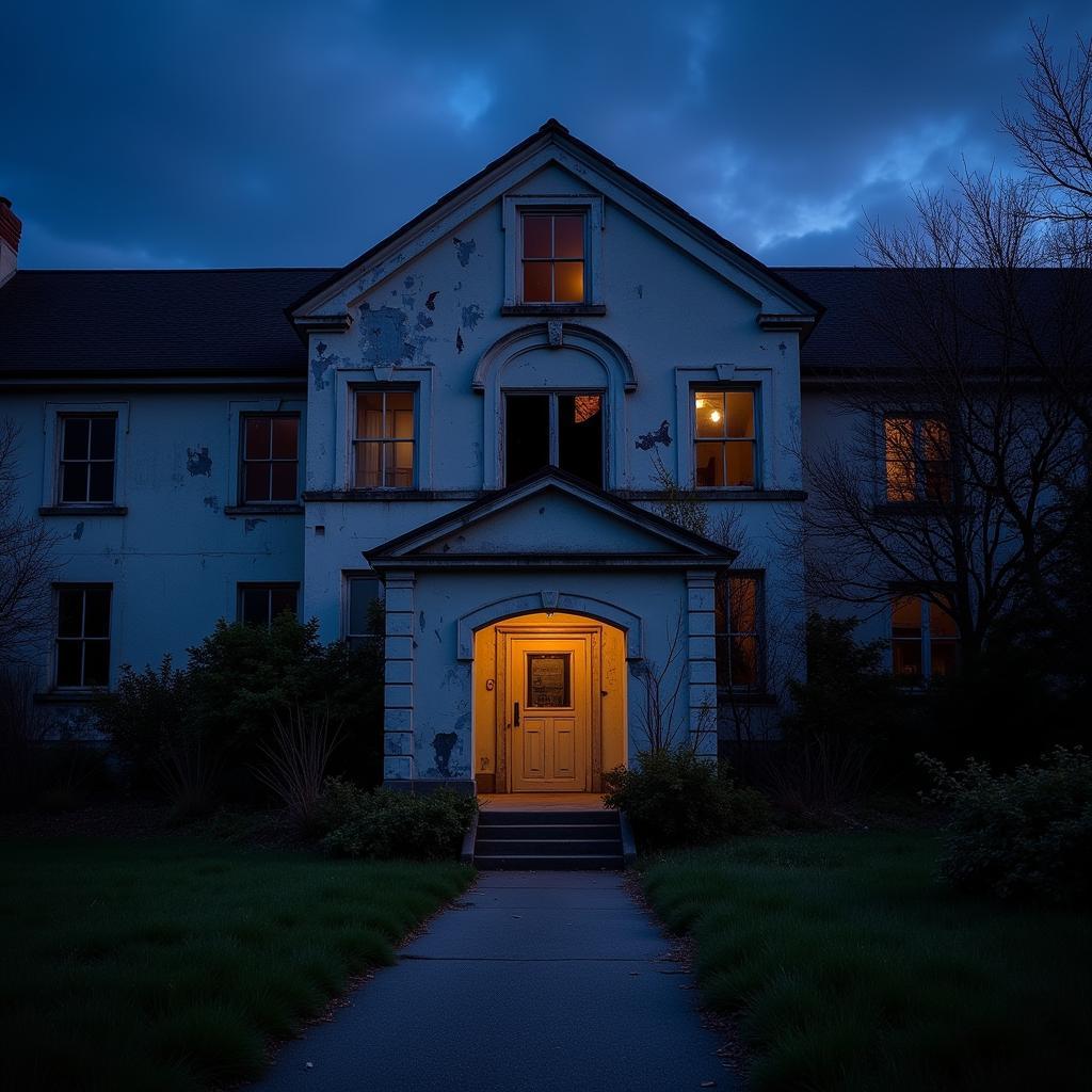 Exterior view of the abandoned South Pittsburg Hospital at dusk, showing its decaying facade and overgrown surroundings. This image evokes a sense of mystery and foreboding, hinting at the paranormal activity rumored to occur within.