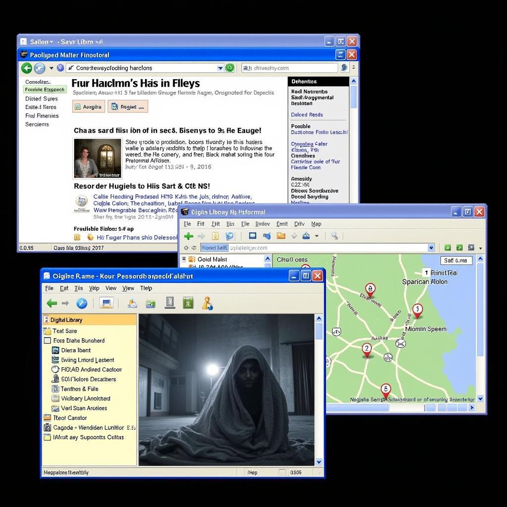 A collage of various online resources useful for paranormal research, including historical newspaper archives, online forums, mapping tools, and digital libraries.