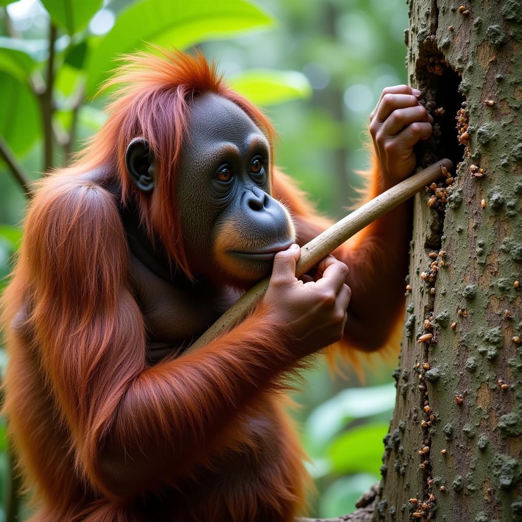 Orangutan using tools in its natural habitat