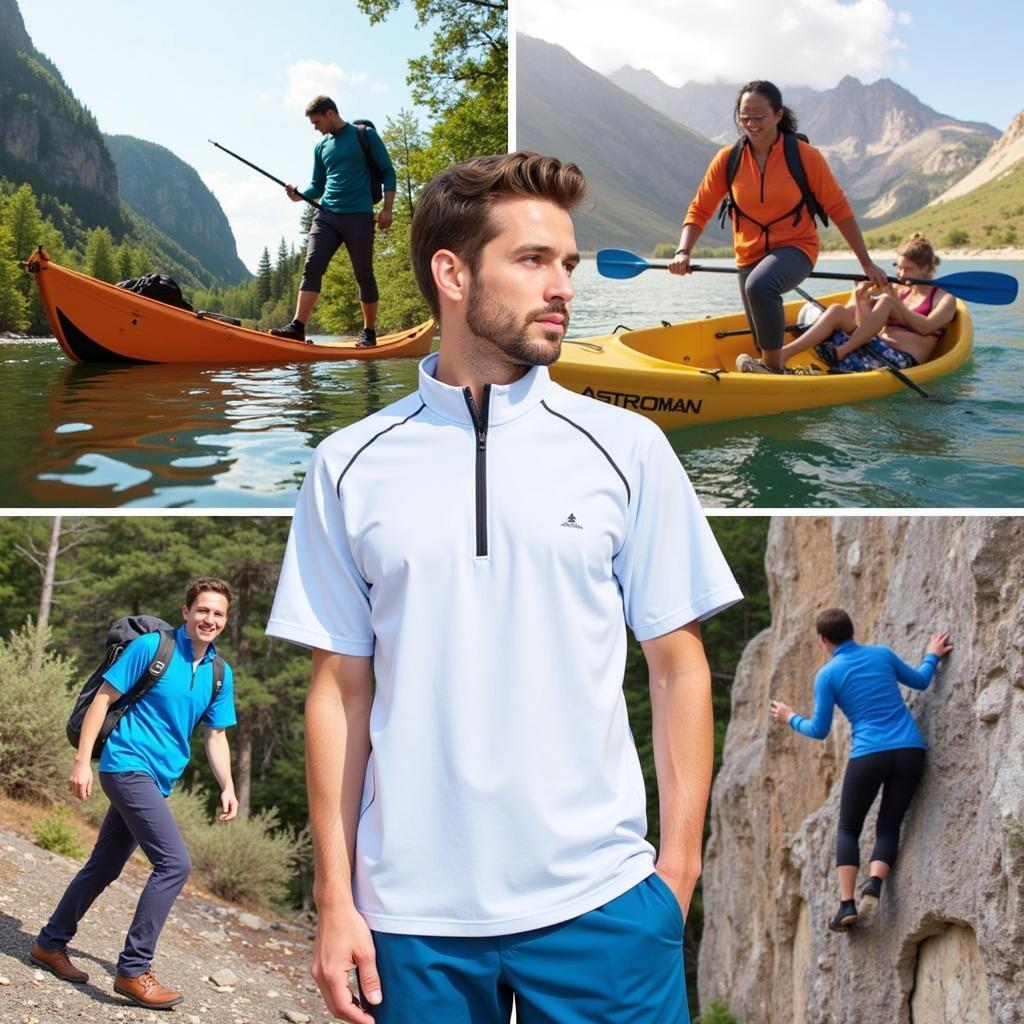 People participating in various outdoor activities while wearing the Outdoor Research Astroman Sun Shirt.