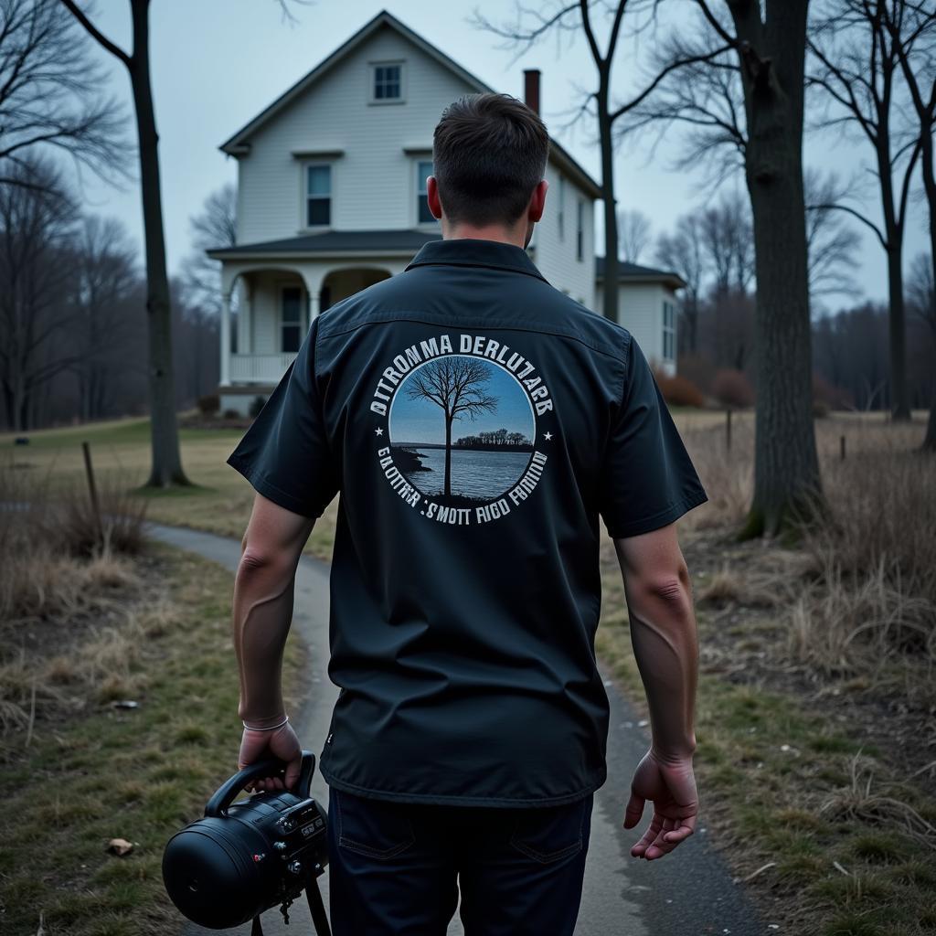 Paranormal investigator wearing Outdoor Research Astroman Sun Shirt in a deserted area.