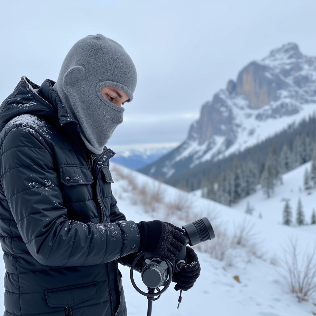 Paranormal investigator wearing an outdoor research balaclava in snowy mountains