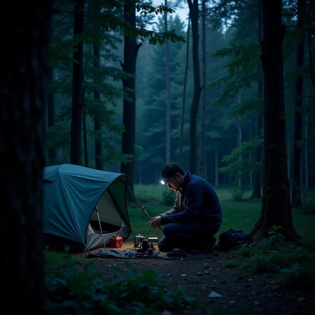 Paranormal investigator using an outdoor research bivy in a haunted forest