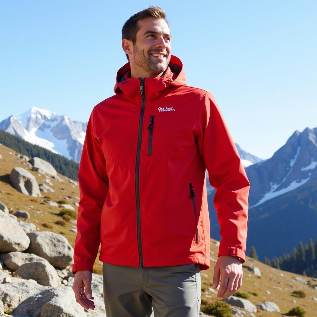 Outdoor Research Coldfront Jacket in Action: A hiker wearing the Coldfront jacket amidst a mountainous backdrop