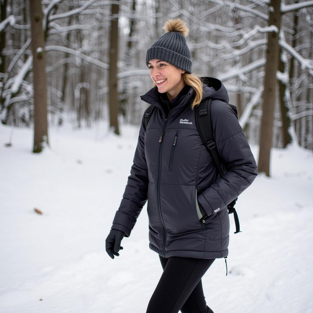 Outdoor Research Coze Down Coat Worn During a Winter Hike