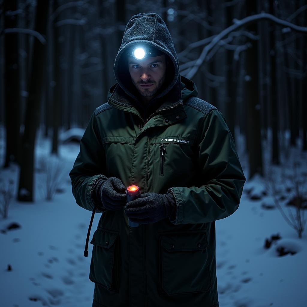 Paranormal Investigator Wearing Outdoor Research Coze in Snowy Conditions