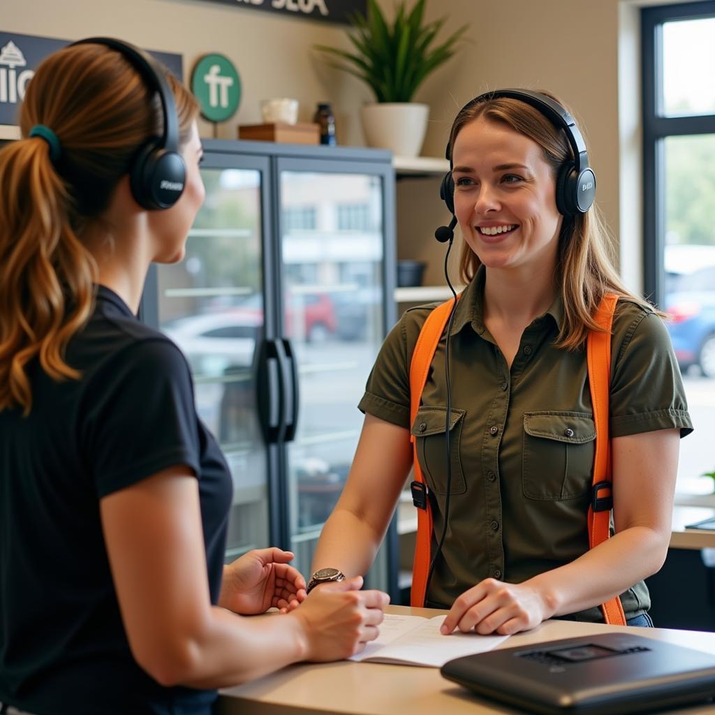 Friendly and knowledgeable Outdoor Research customer service representative assisting a customer.