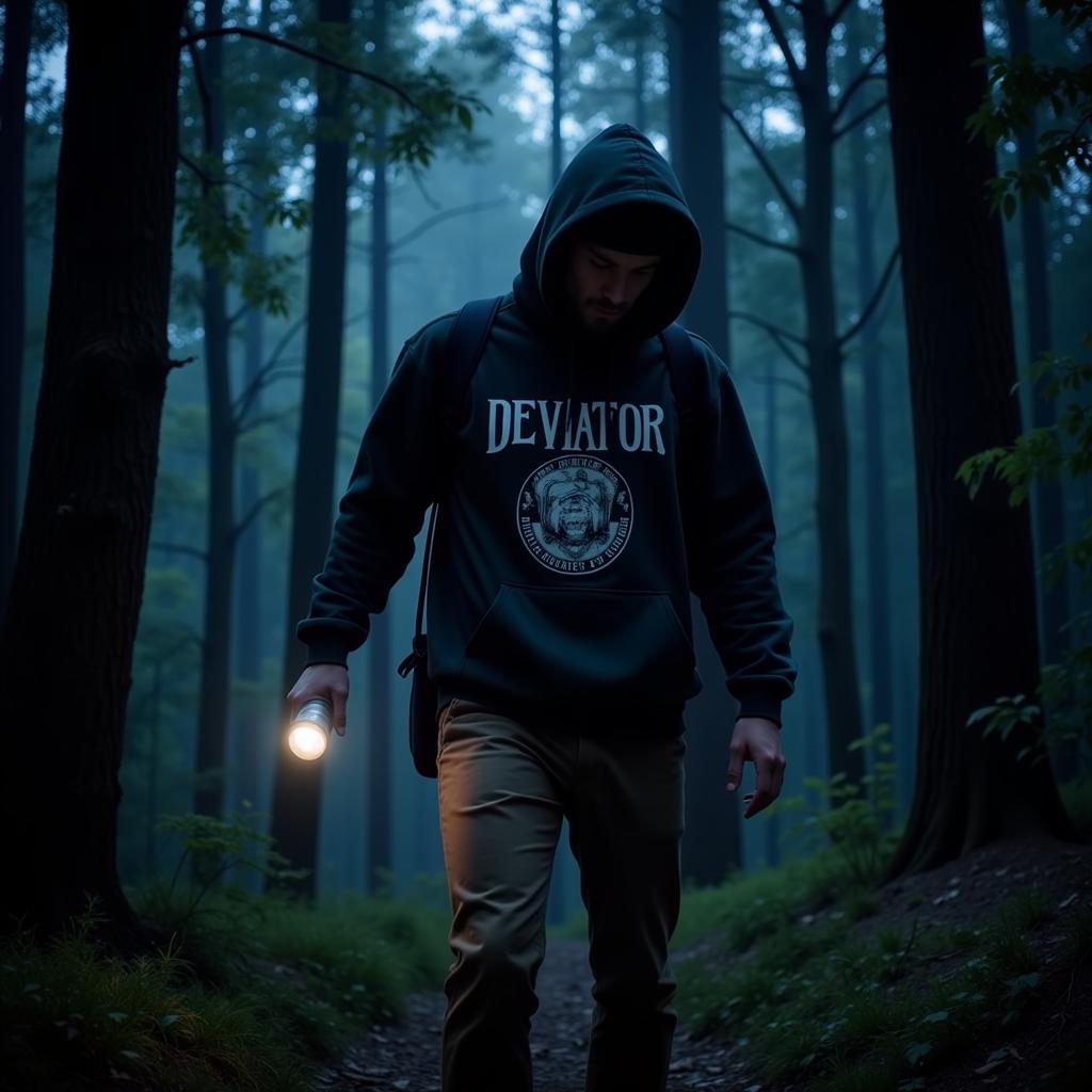 Paranormal Investigator Wearing Outdoor Research Deviator Hoodie in a Dark Forest