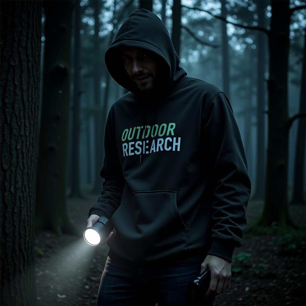 Paranormal investigator wearing Outdoor Research Deviator hoodie during a night investigation