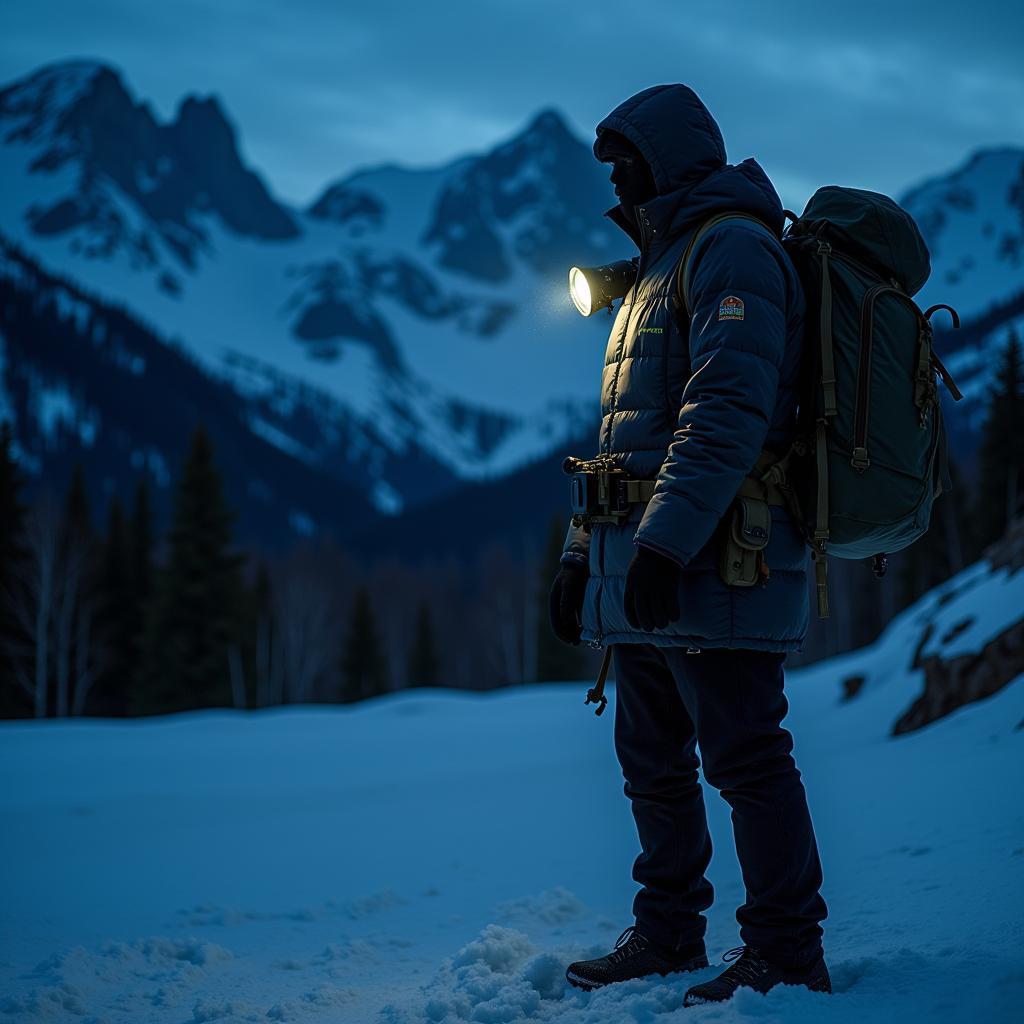 Paranormal Investigator Wearing Outdoor Research Down Jacket in Snowy Landscape