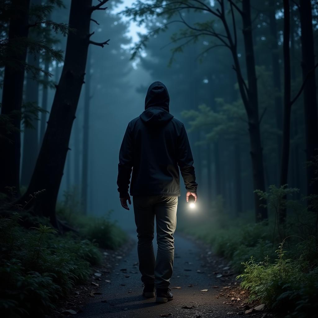 Paranormal investigator wearing an Outdoor Research Echo Hoodie in a dark forest at night