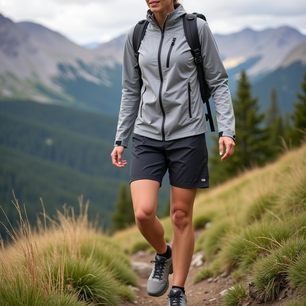 Woman hiking in Outdoor Research Ferrosi shorts.