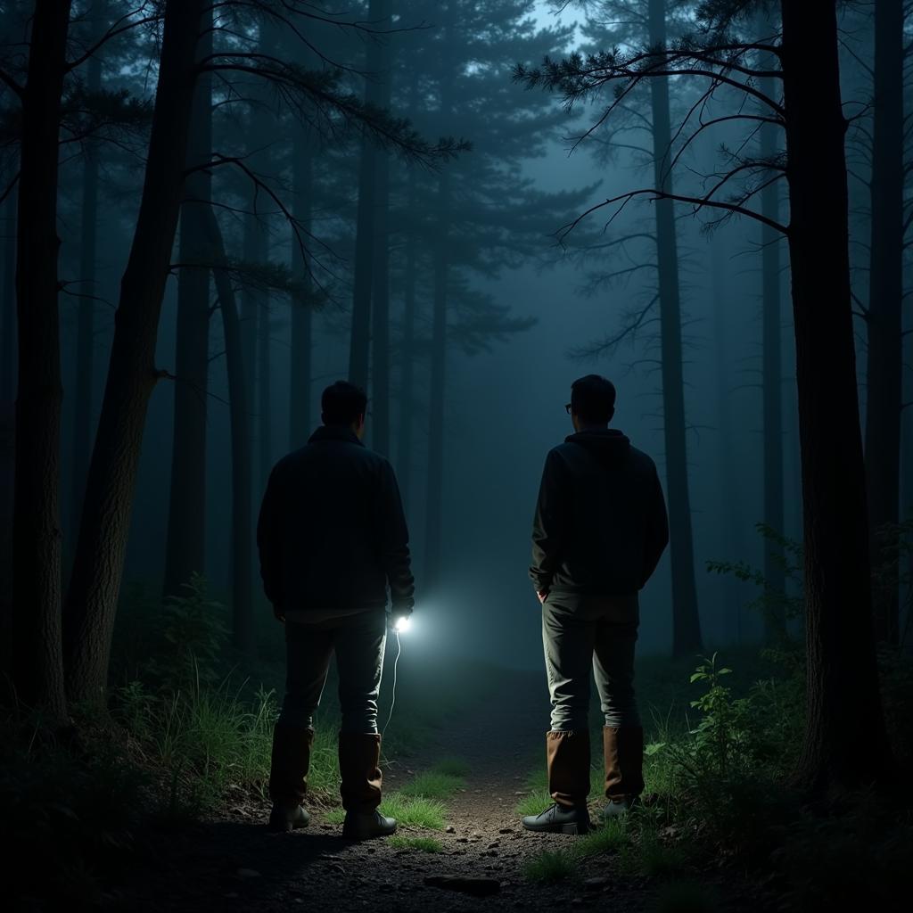 Paranormal investigator wearing outdoor research gaiters in a dark forest