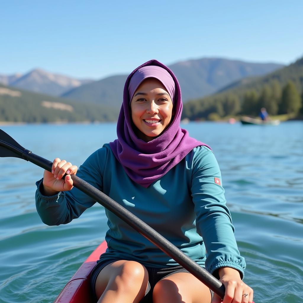 Woman Kayaking in an Outdoor Research Hijab